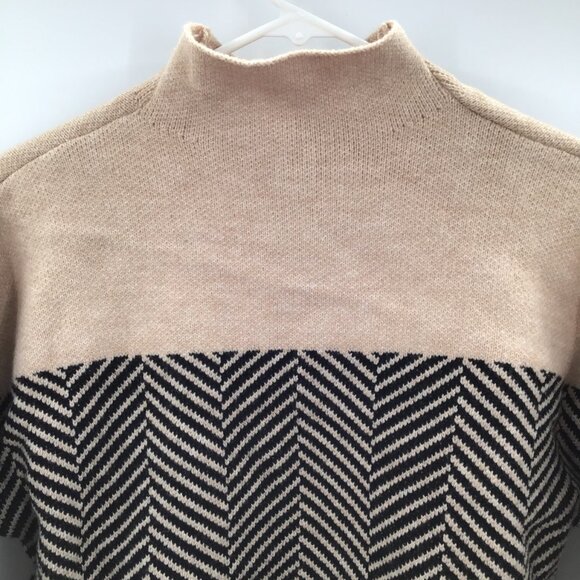 Women's M Herringbone Mock Neck Sweater Cotton Blend Black & Tan Colorblock - Picture 7 of 10